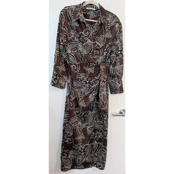 Zara Satin Brown Black Floral Wrap Midi Shirt Dress 9445/853 - Picture 3 of 5
